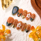 Press-On Nails Floral Design & Gold Accents Reusable