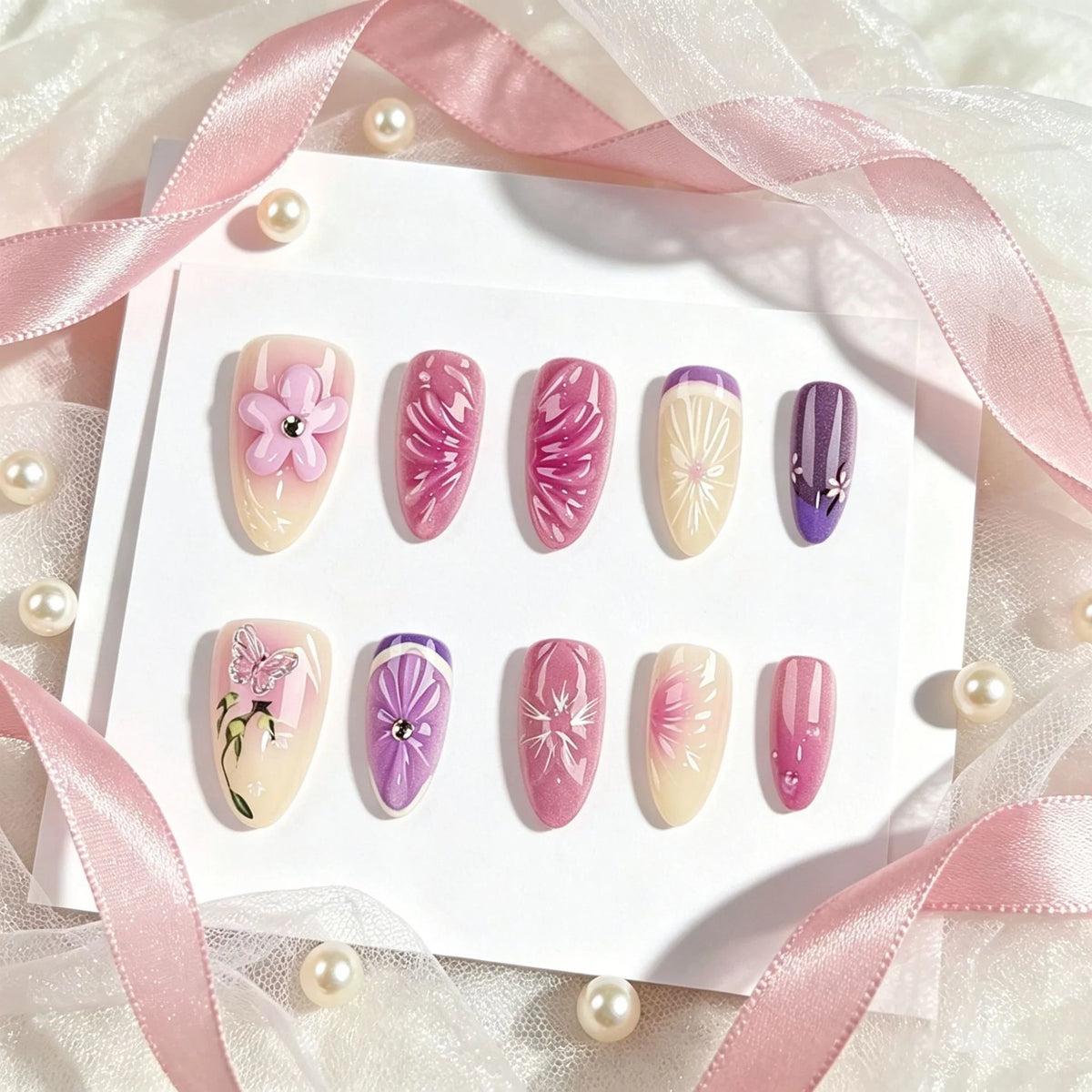Press-On Nails Floral Design Long-Lasting Adhesive Washable & Reusable