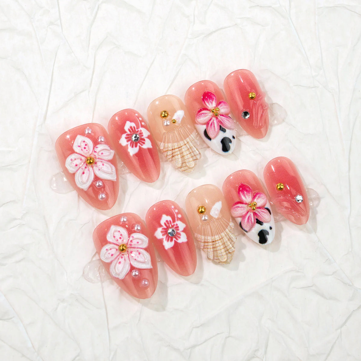 Press-On Nails Floral Design Multi-Size Long-Lasting Hold