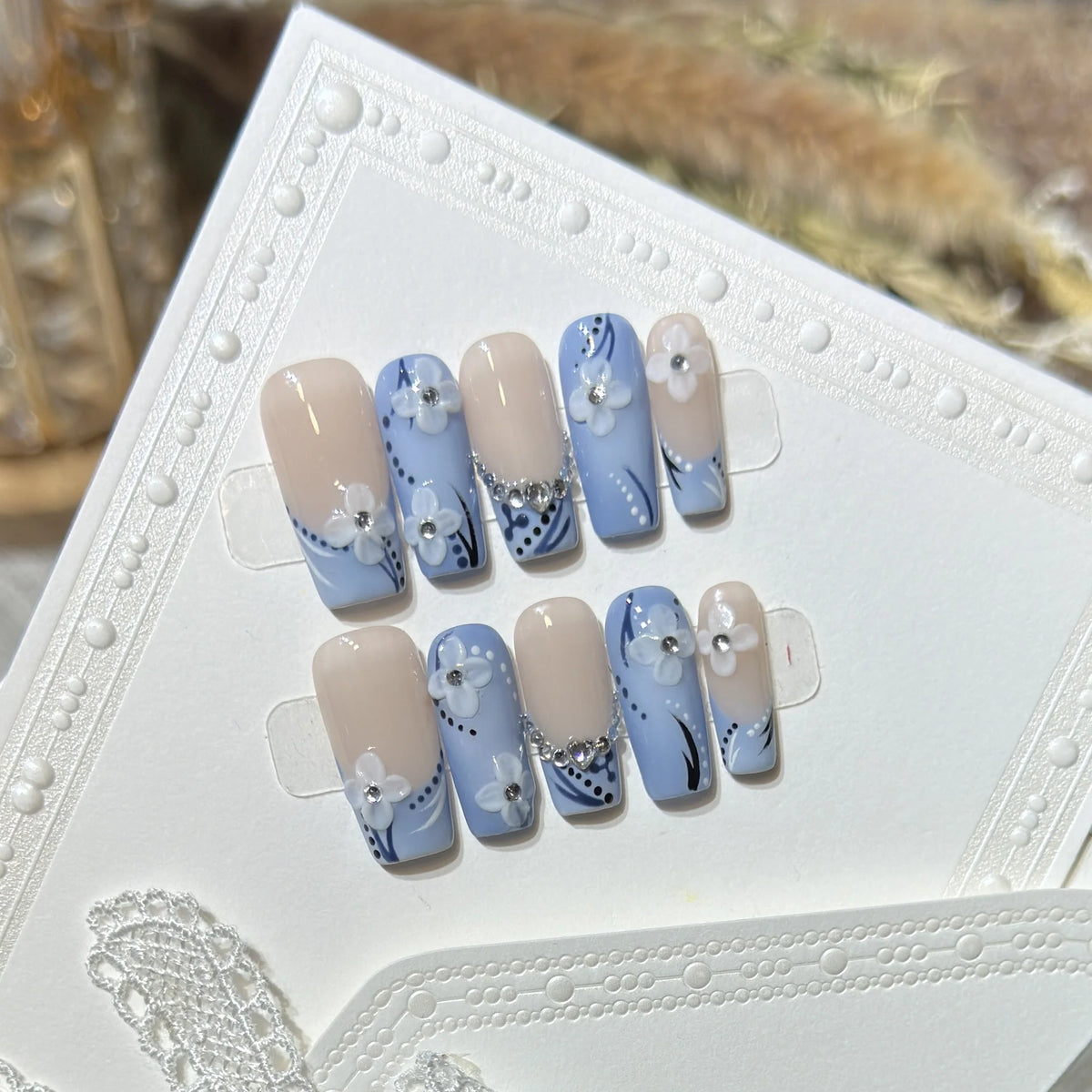 Press-On Nails Floral Design No-Glue & Reusable