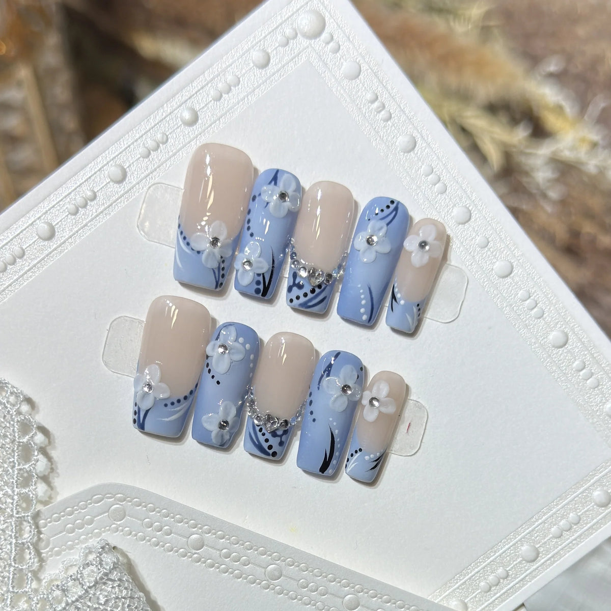 Press-On Nails Floral Design No-Glue & Reusable