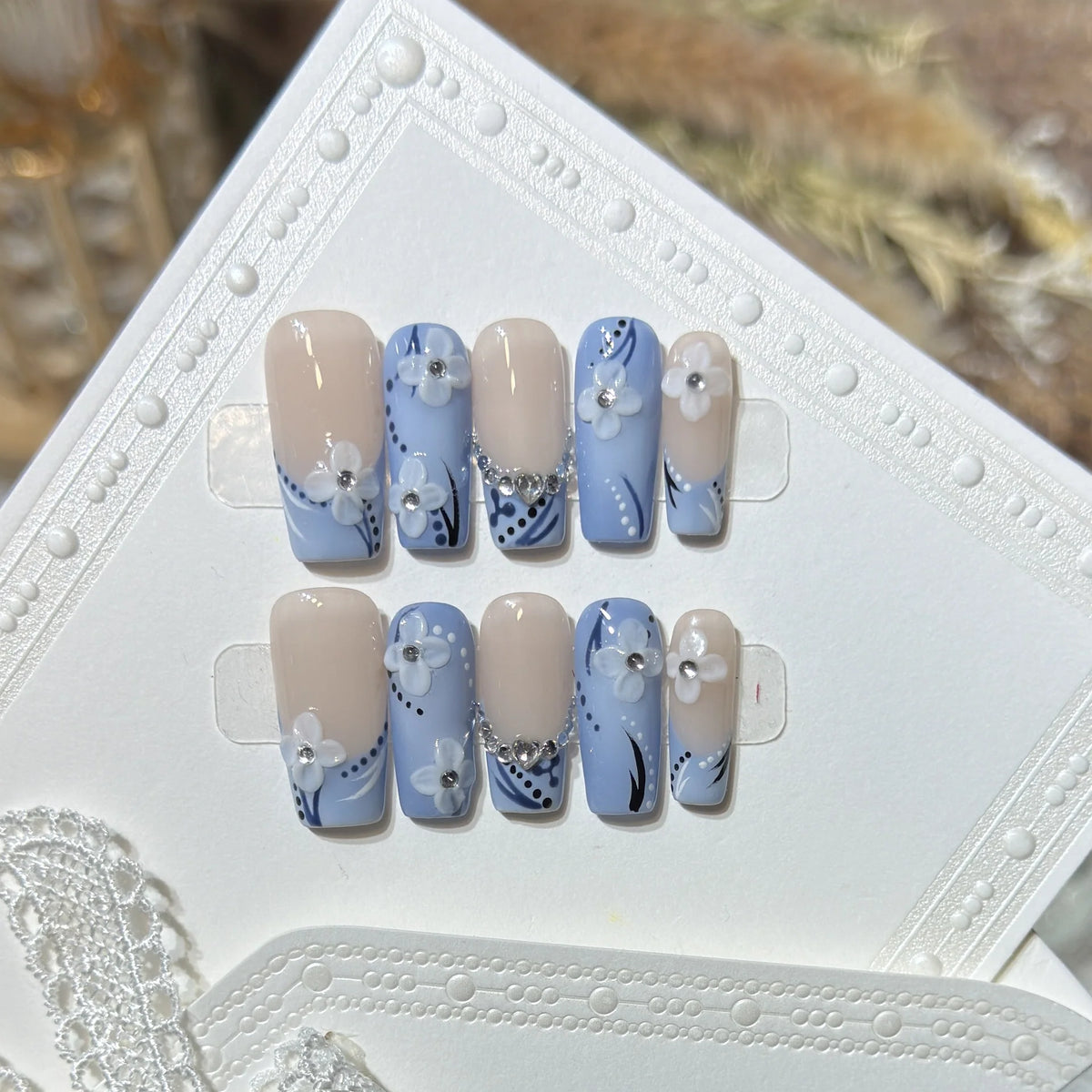 Press-On Nails Floral Design No-Glue & Reusable