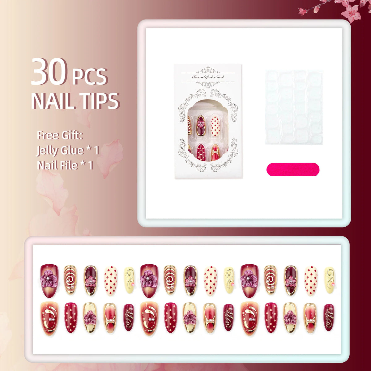 Press-On Nails Floral Design Pearls & Gold Easy Application