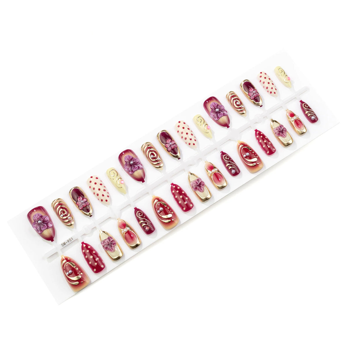 Press-On Nails Floral Design Pearls & Gold Easy Application