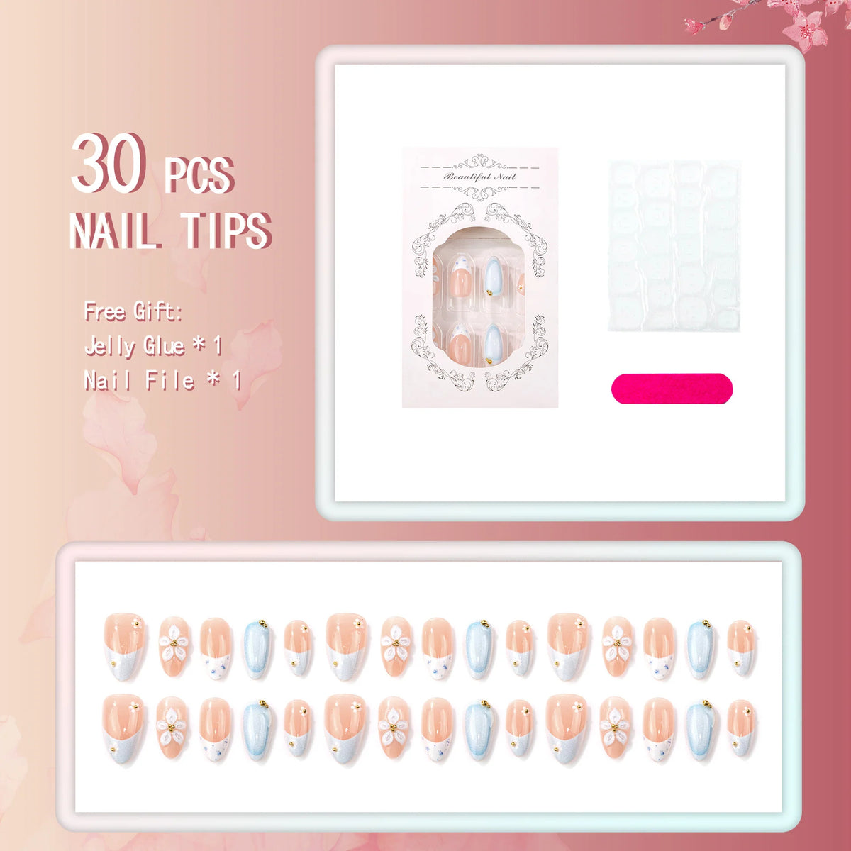 Press-On Nails Floral Design Reusable & Comfortable Fit