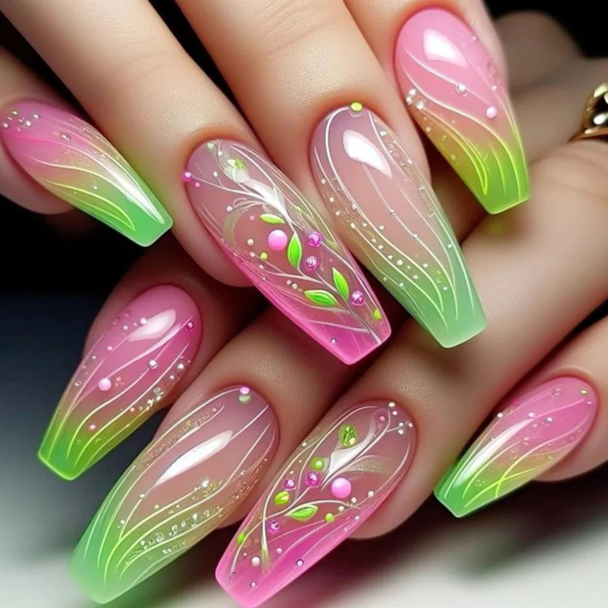 Press-On Nails Floral Design Reusable & Easy Application