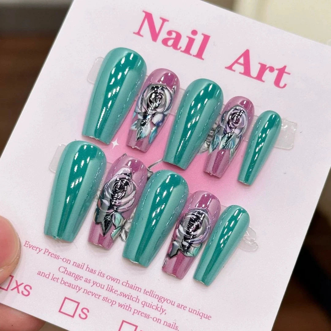 Press-On Nails Floral Design Salon-Quality Set of 24