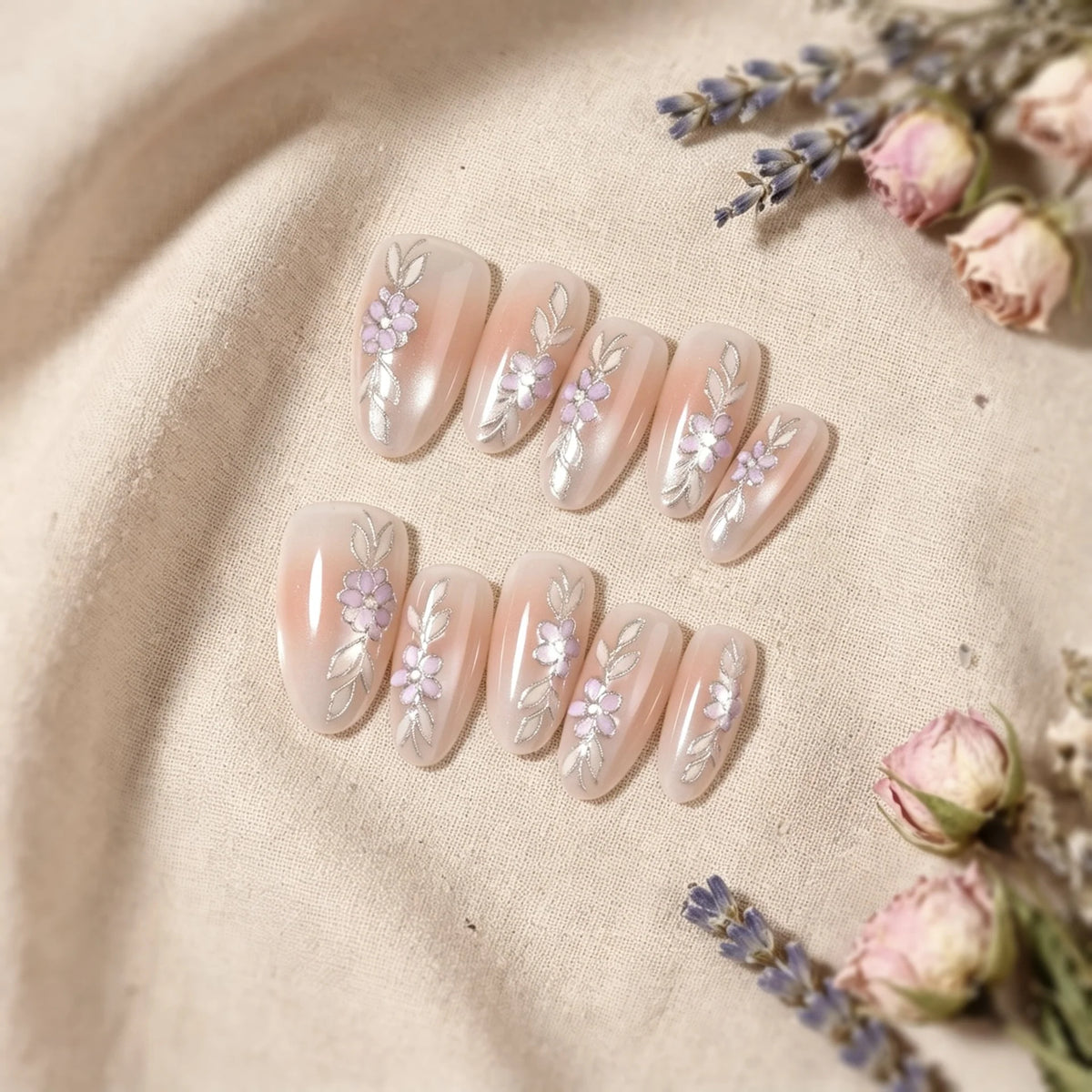 Press-On Nails Floral Design Self-Adhesive & Reusable