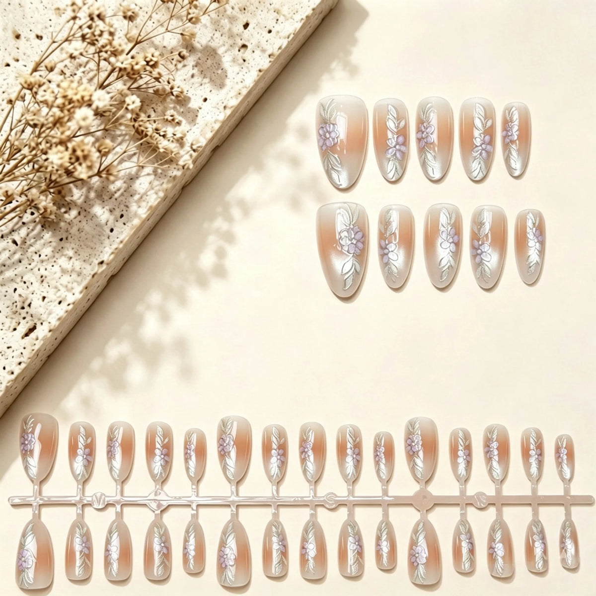 Press-On Nails Floral Design Self-Adhesive & Reusable