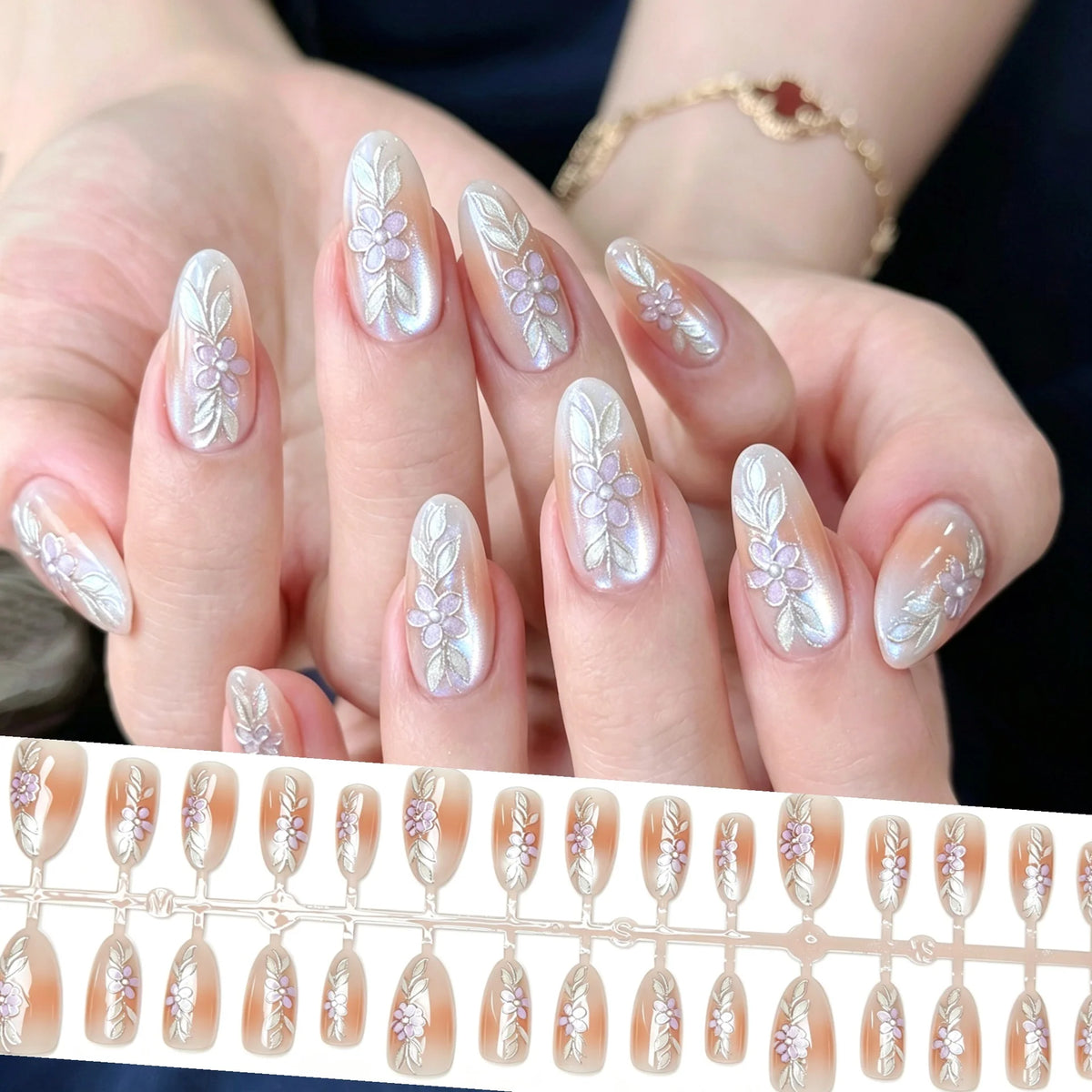 Press-On Nails Floral Design Self-Adhesive & Reusable