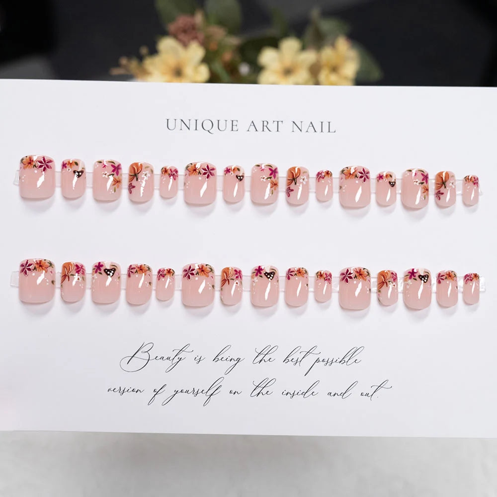 Press-On Nails Floral Design Short Almond Shape Easy Application