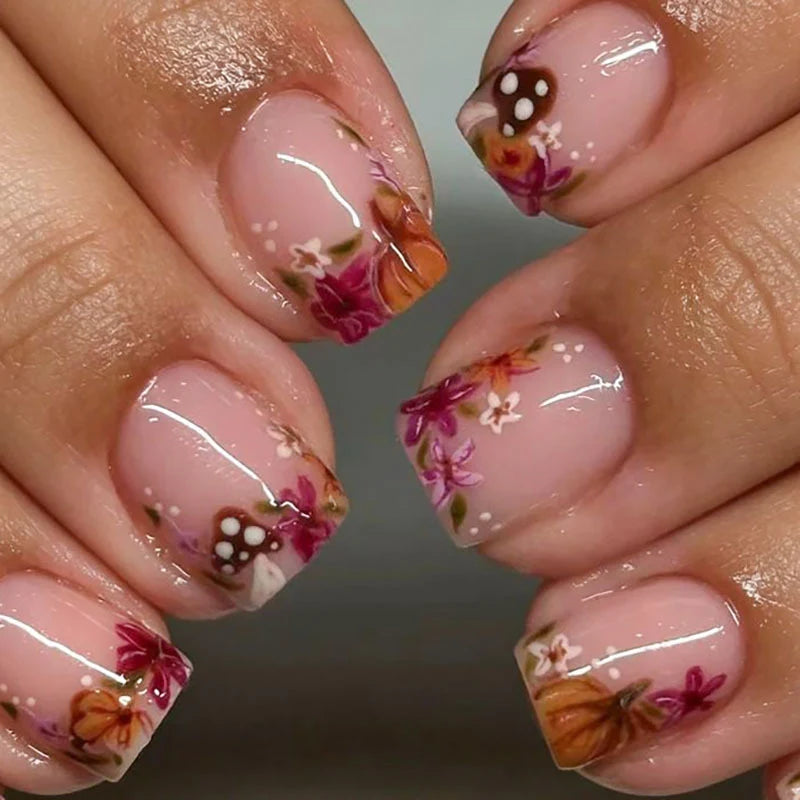 Press-On Nails Floral Design Short Almond Shape Easy Application