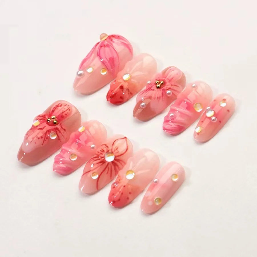 Press-On Nails Floral Design Sparkling Accents Set Of 24