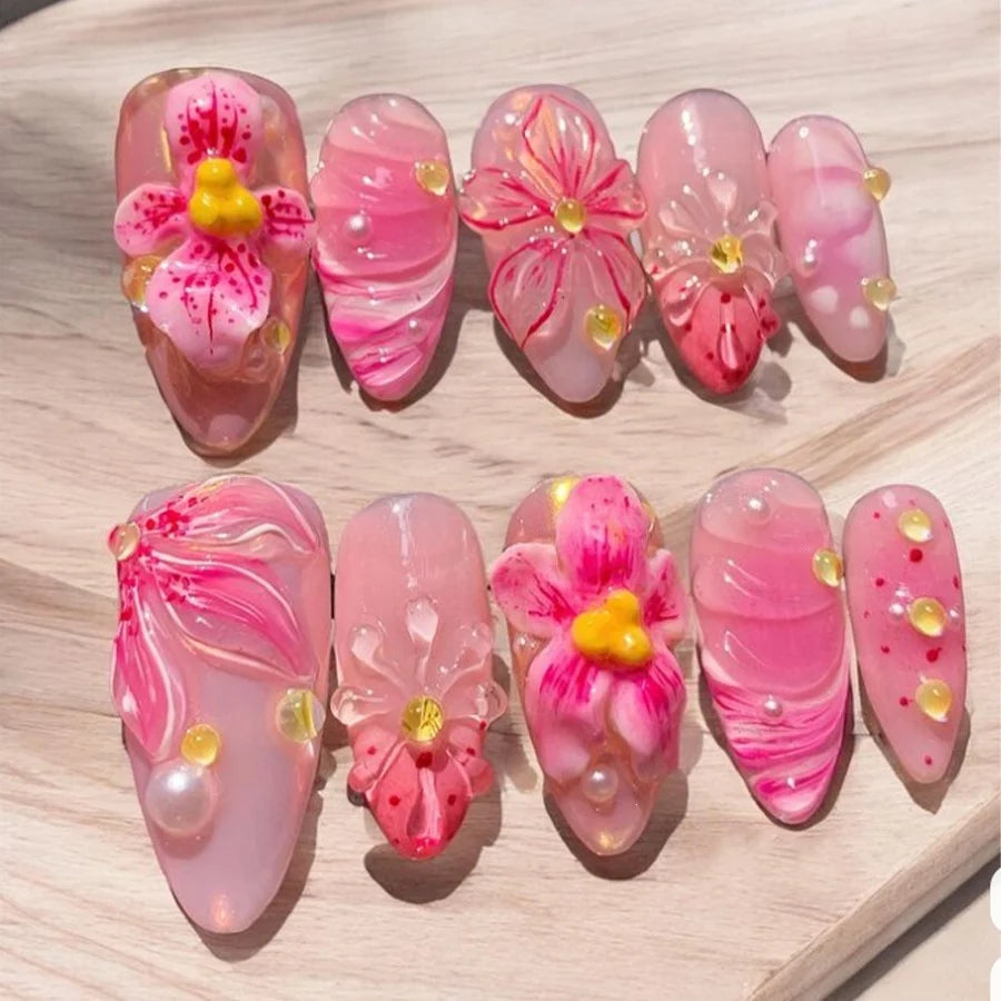 Press-On Nails Floral Design Sparkling Accents Set Of 24