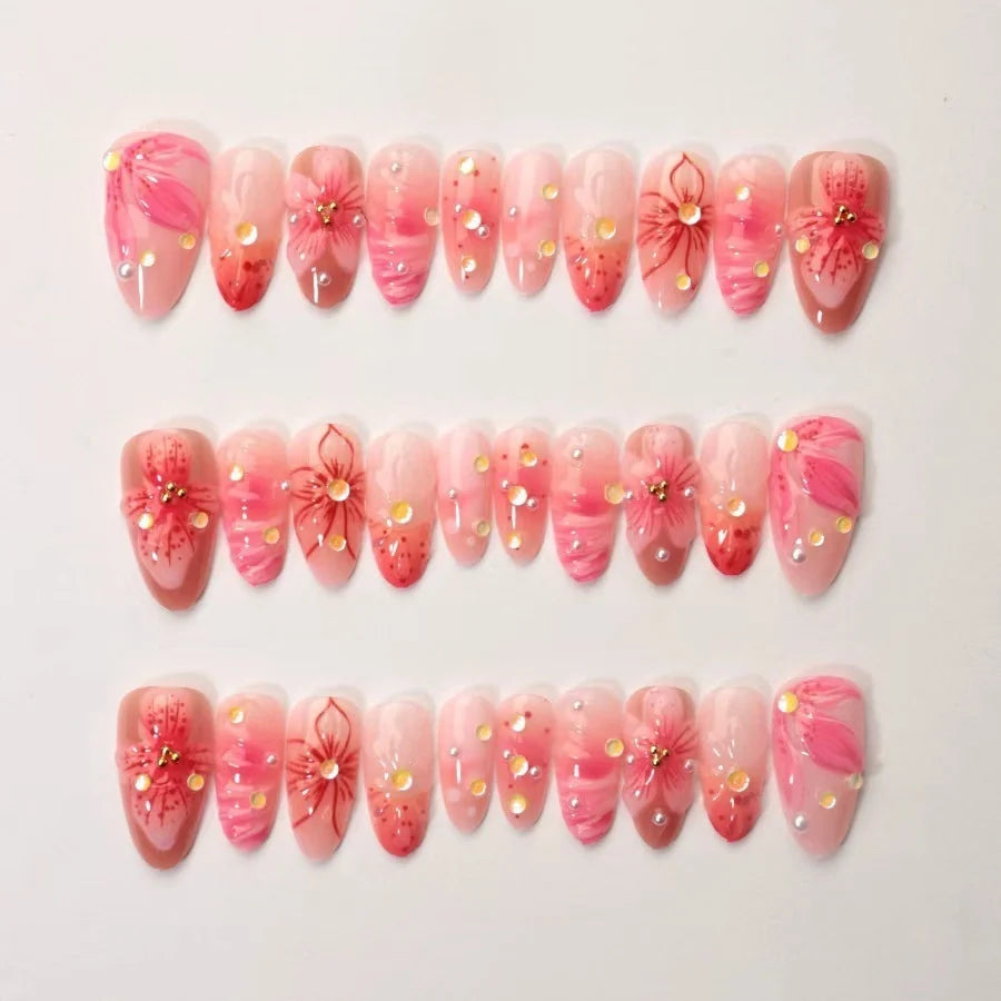 Press-On Nails Floral Design Sparkling Accents Set Of 24