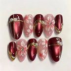 Press-On Nails Floral Design Wine Red Multi-Size Set