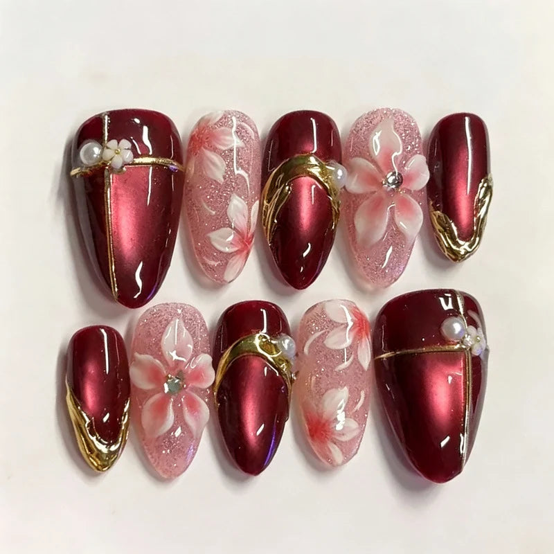 Press-On Nails Floral Design Wine Red Multi-Size Set