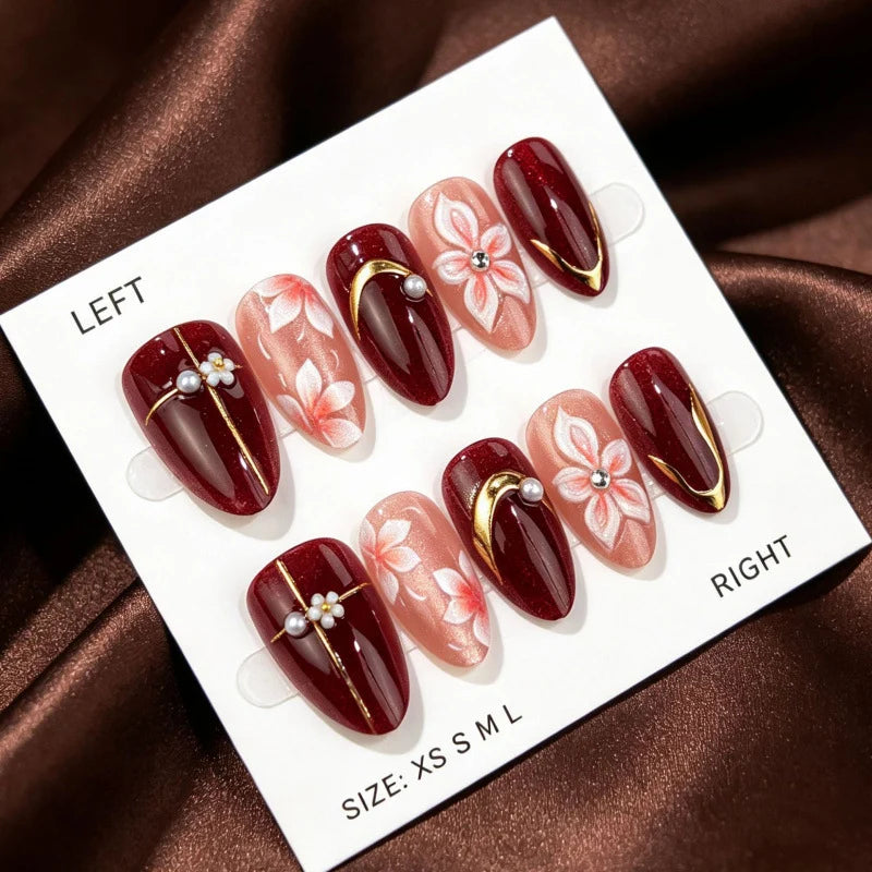Press-On Nails Floral Design Wine Red Multi-Size Set