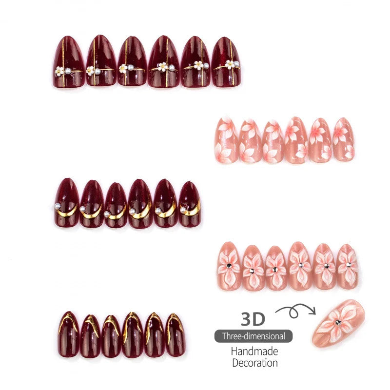 Press-On Nails Floral Design Wine Red Multi-Size Set