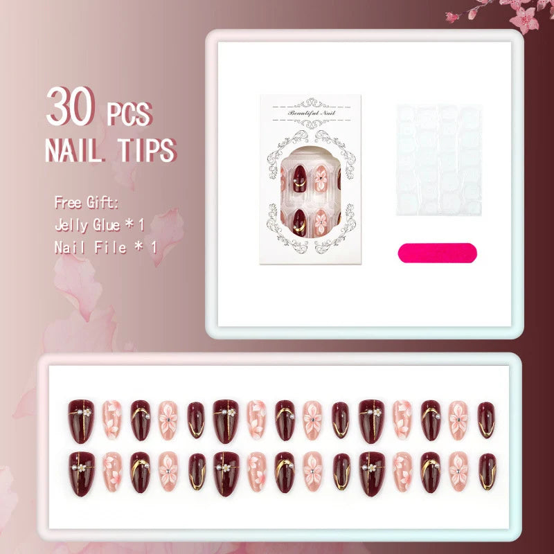 Press-On Nails Floral Design Wine Red Multi-Size Set