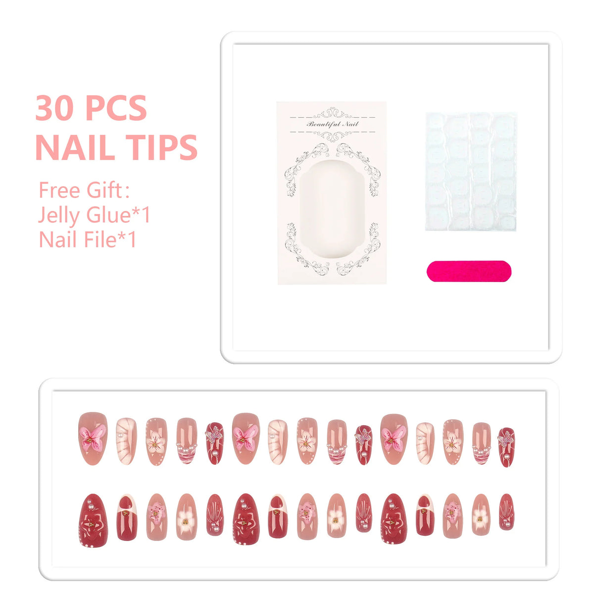 Press-On Nails Floral Embellished Easy Application & Comfortable Fit