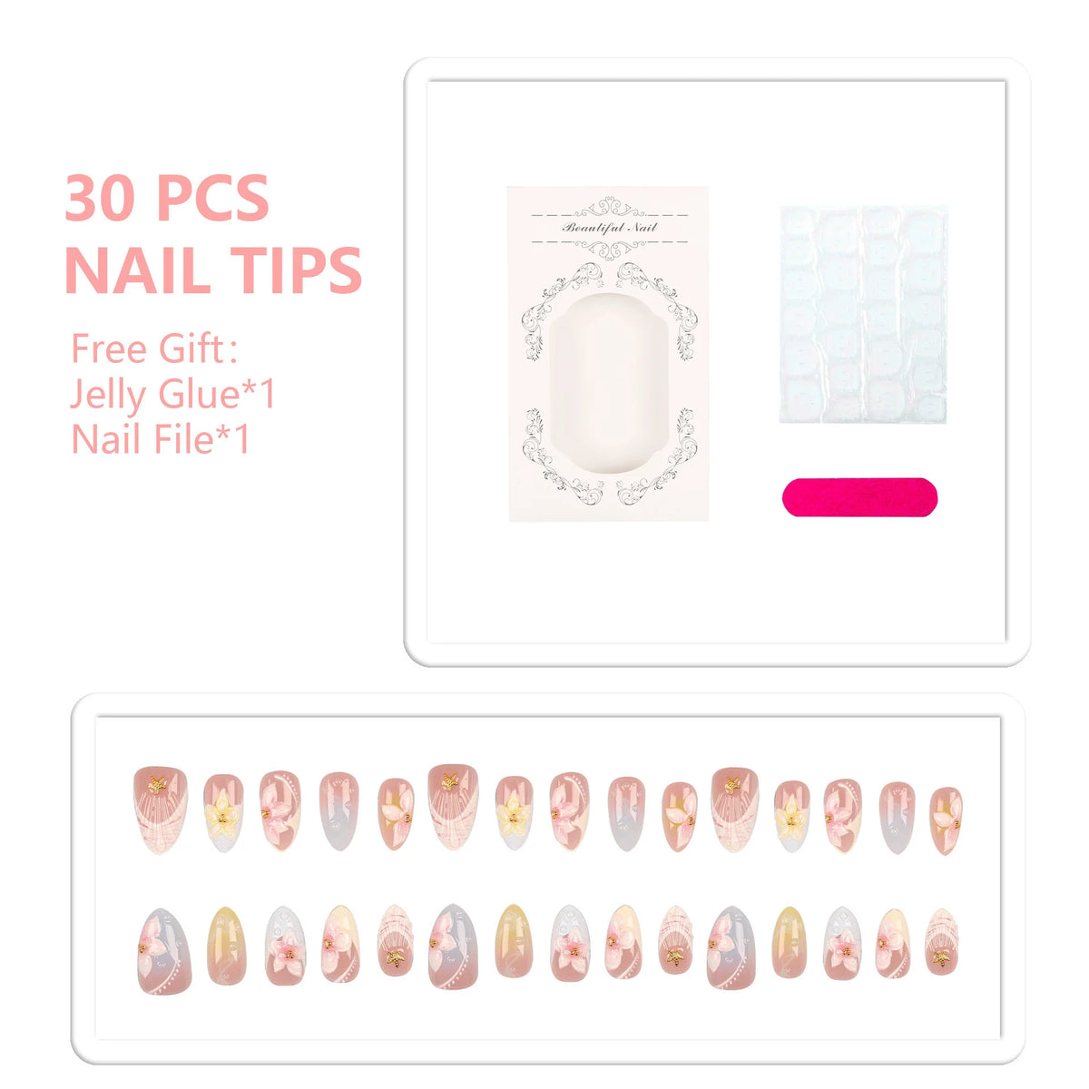 Press-On Nails Floral Embellished Easy Application & Comfortable Fit