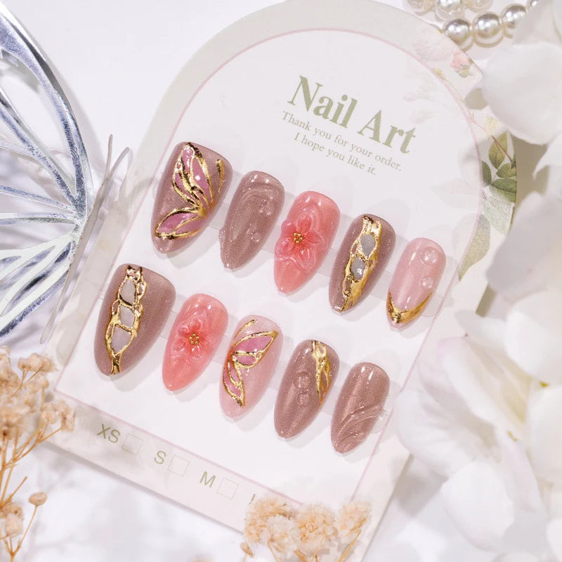 Press-On Nails Floral Embellished Glossy Finish Multiple Sizes