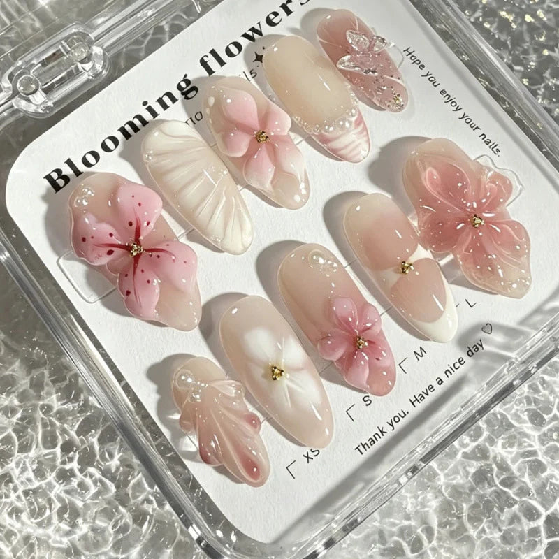 Press-On Nails Floral Embellished Glue-Free Reusable