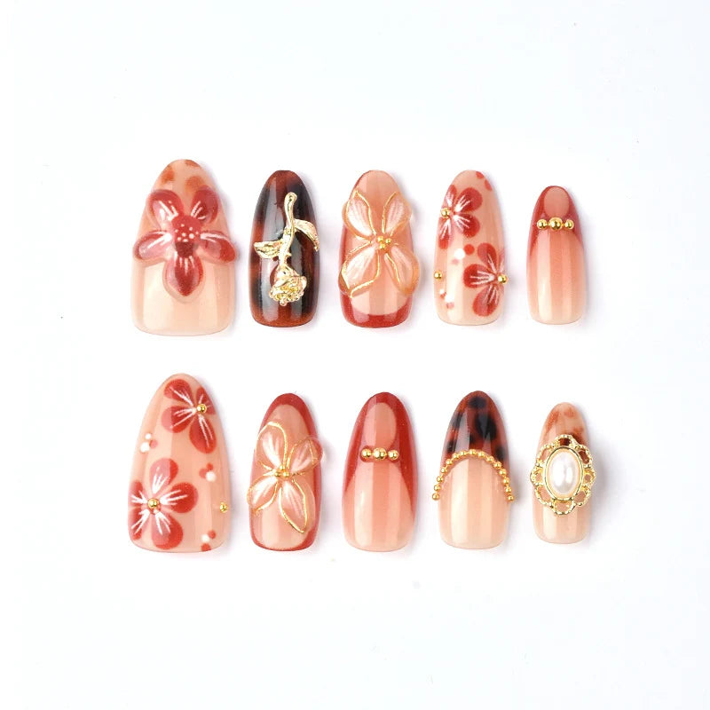 Press-On Nails Floral Embellished Red Comfortable Fit