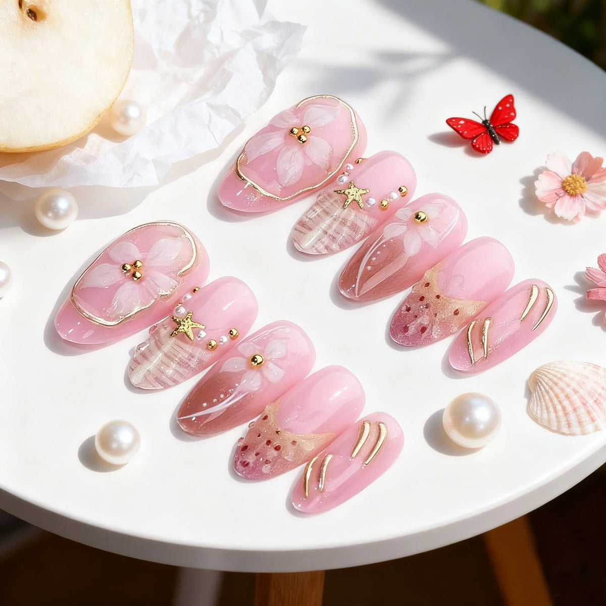 Press-On Nails Floral Embellished Reusable Set With Adhesive