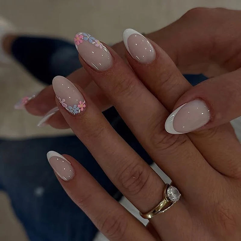 Press-On Nails Floral French Design Reusable & Chip-Resistant