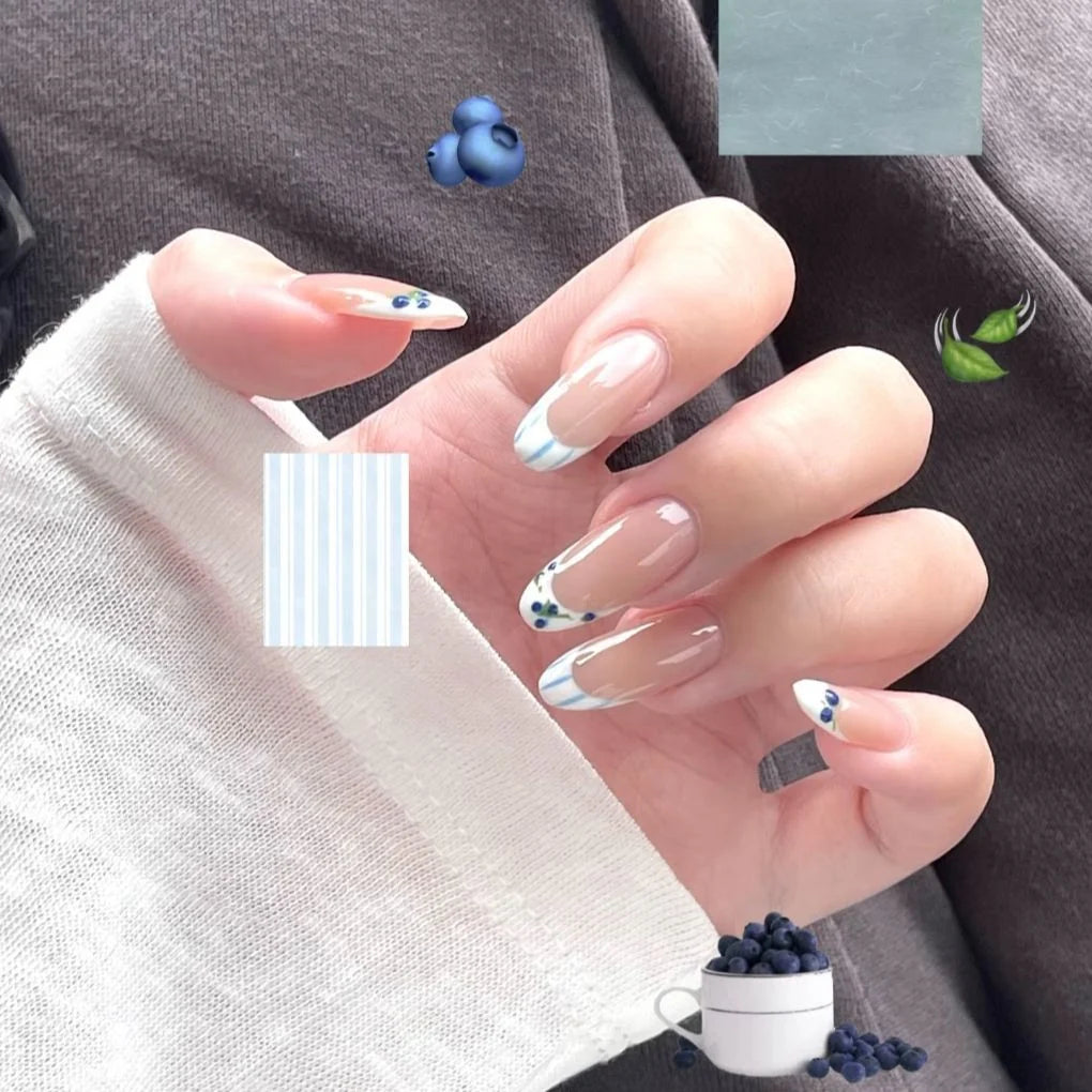Press-On Nails Floral French Tips Reusable