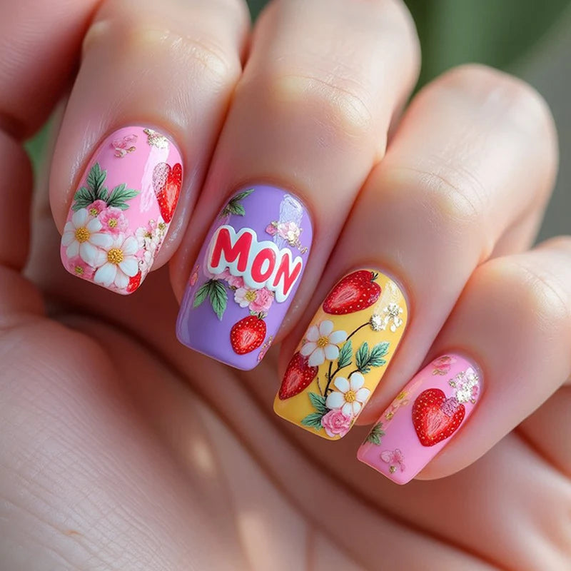 Press-On Nails Floral & Fruit 24-Piece With Adhesive Pads