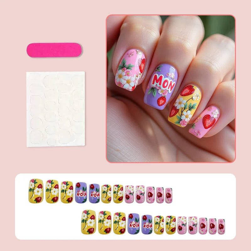 Press-On Nails Floral & Fruit 24-Piece With Adhesive Pads