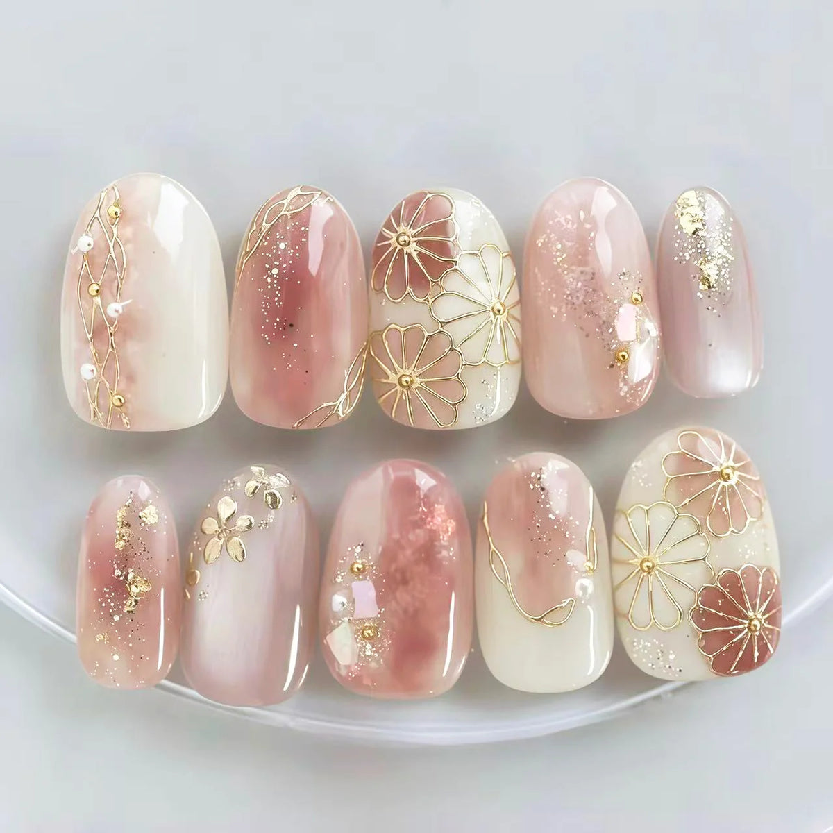 Press-On Nails Floral Gem Accents Easy Apply & Reusable