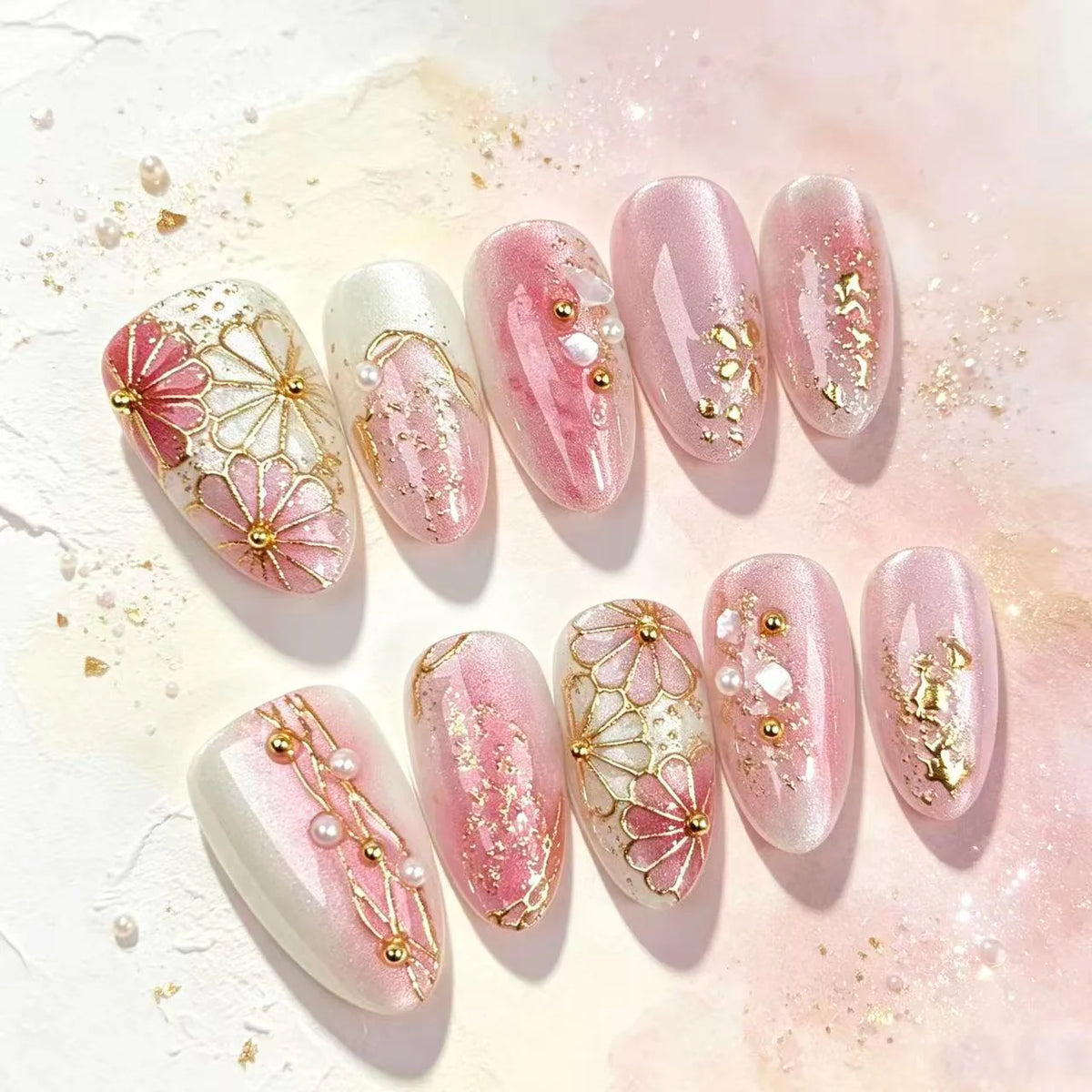 Press-On Nails Floral Gem Accents Easy Apply & Reusable