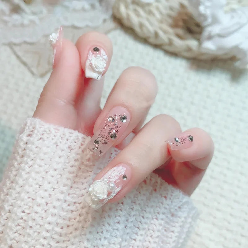 Press-On Nails Floral & Gemstone Peel-And-Stick Long-Lasting
