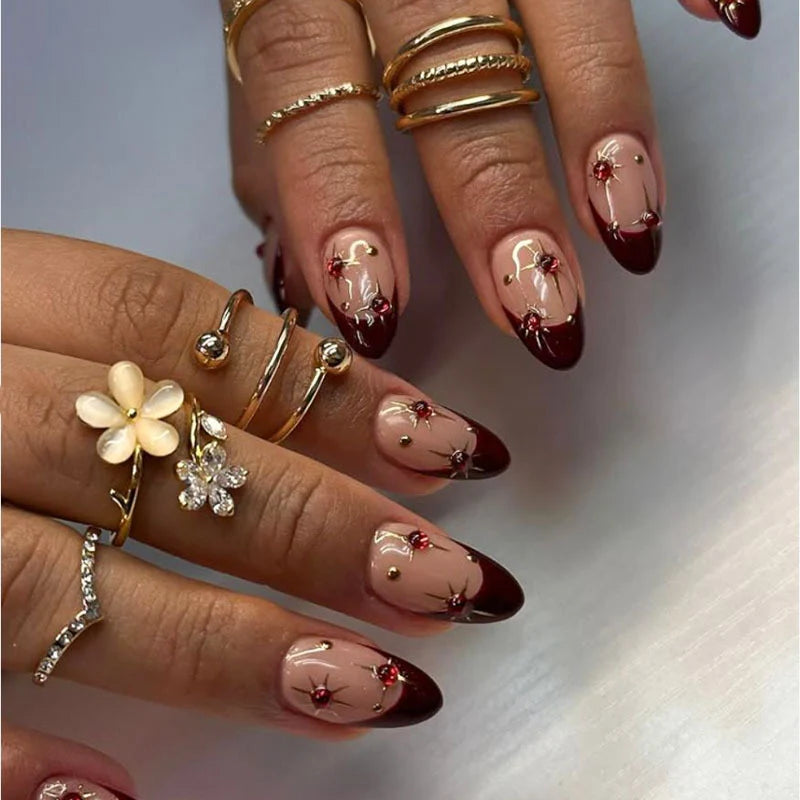 Press-On Nails Floral Gemstone Quick-Apply & Reusable