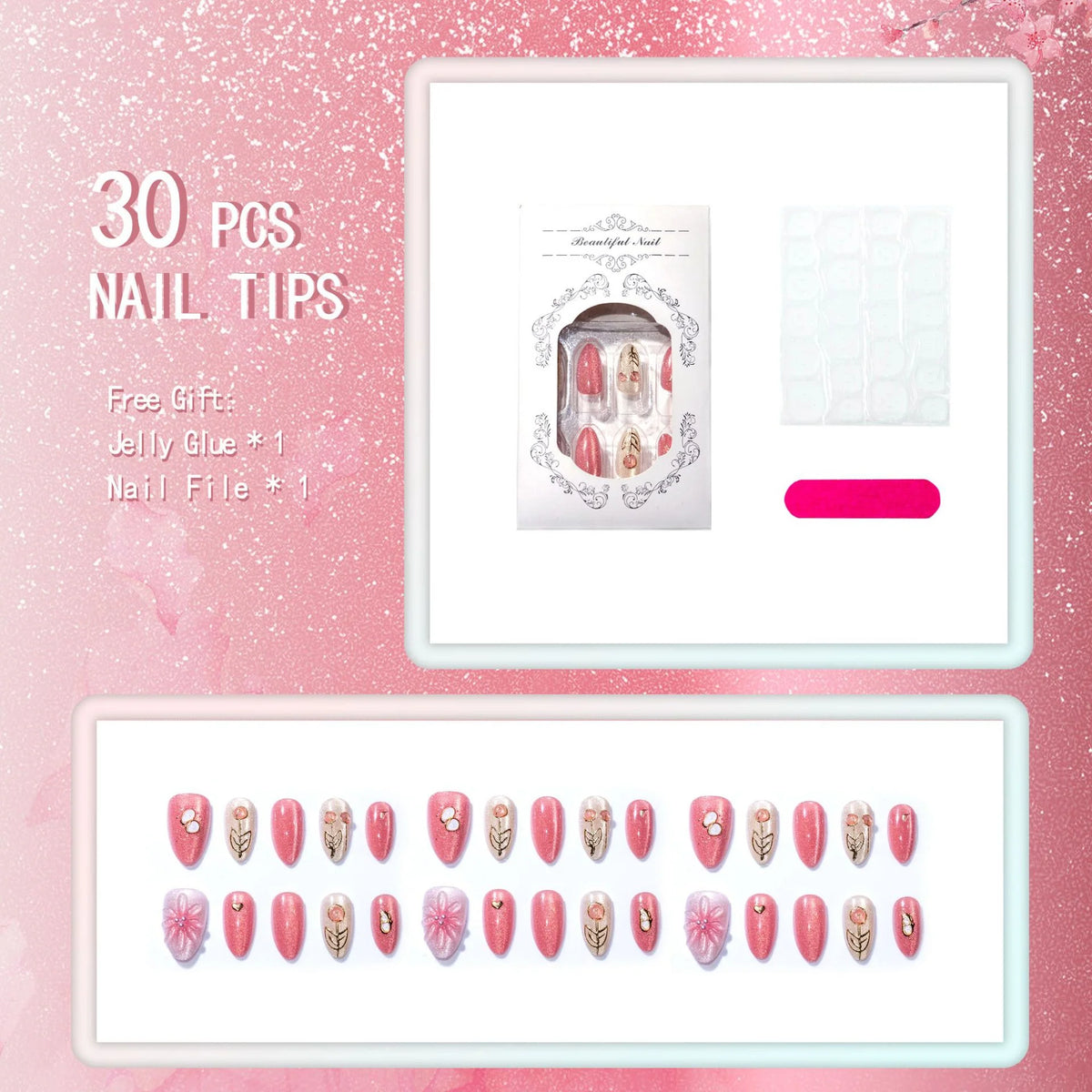 Press-On Nails Floral Gemstone Reusable Multiple Sizes