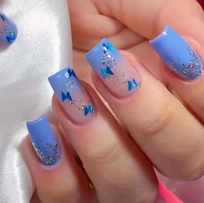 Press-On Nails Floral Glitter Durable Acrylic