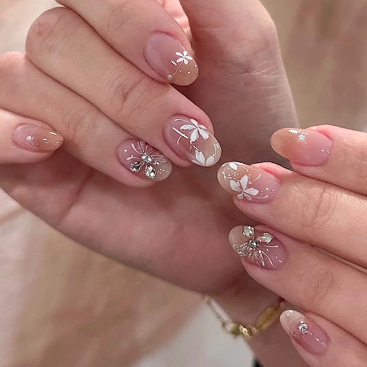 Press-On Nails Floral Glitter Long-Lasting Shine
