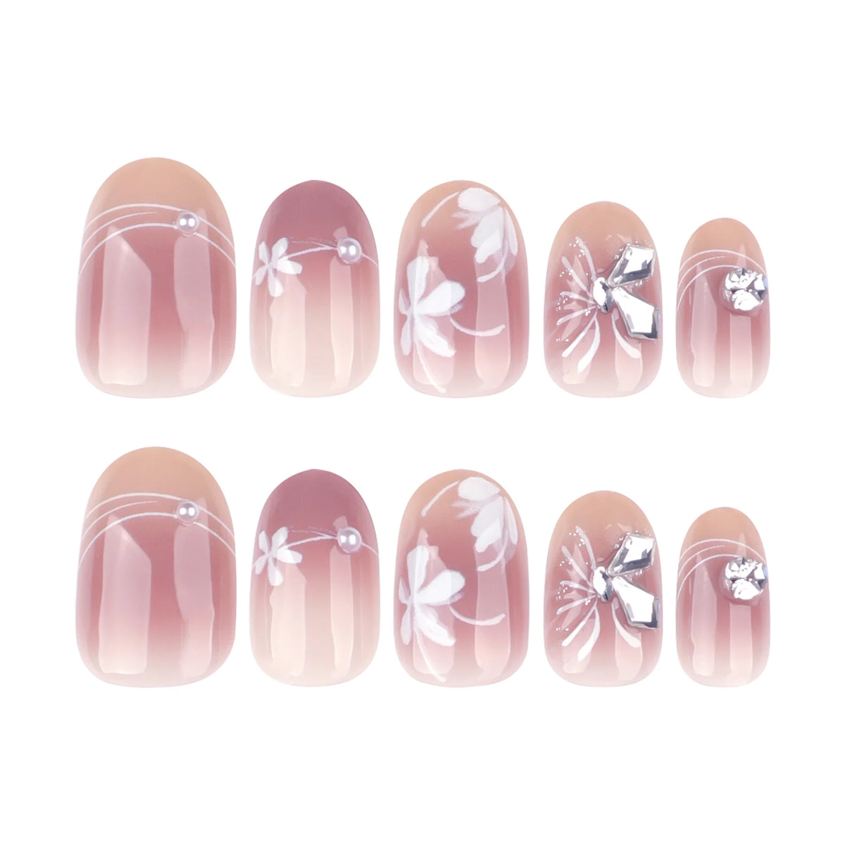 Press-On Nails Floral Glitter Long-Lasting Shine