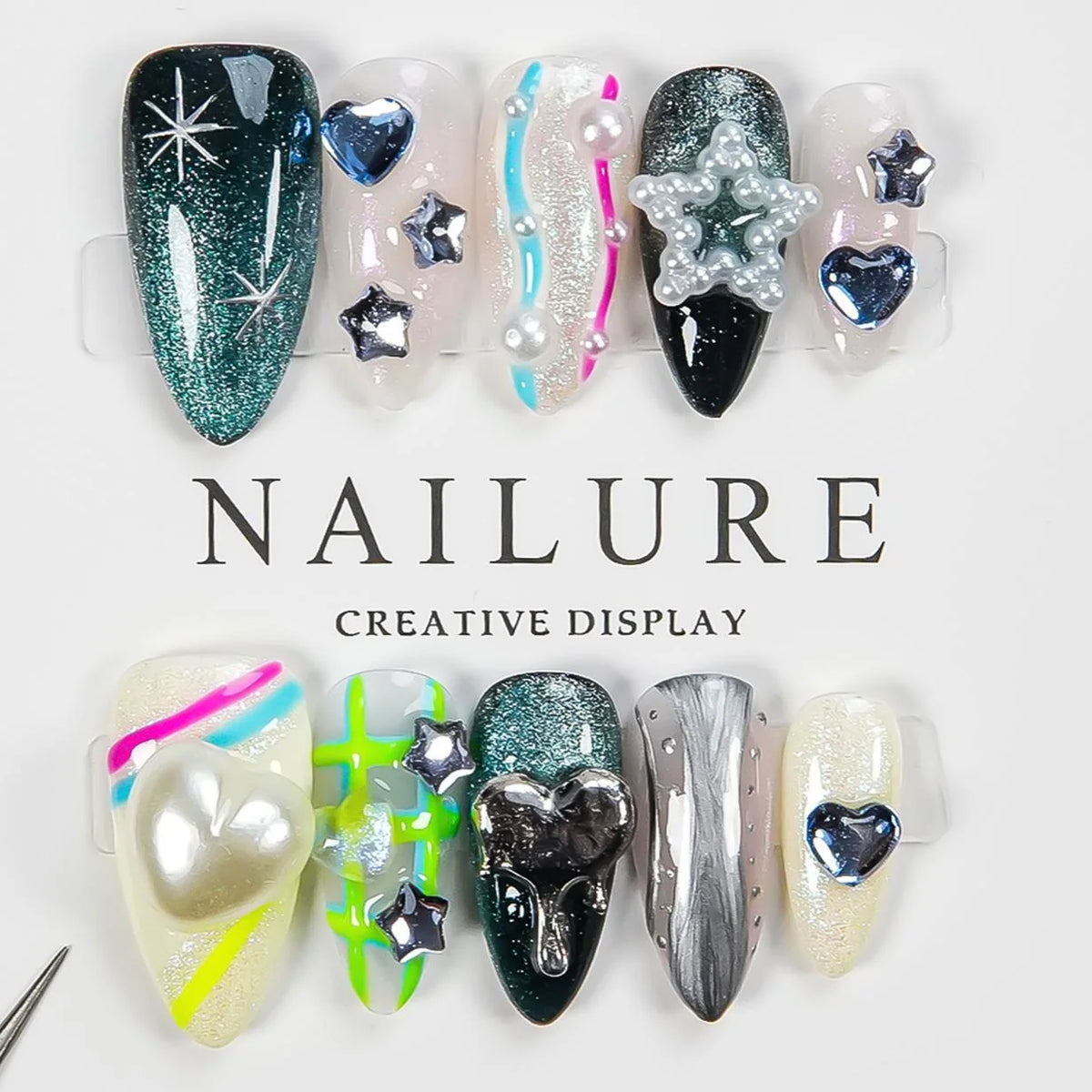 Press-On Nails Floral Glitter & Pearl Long-Lasting