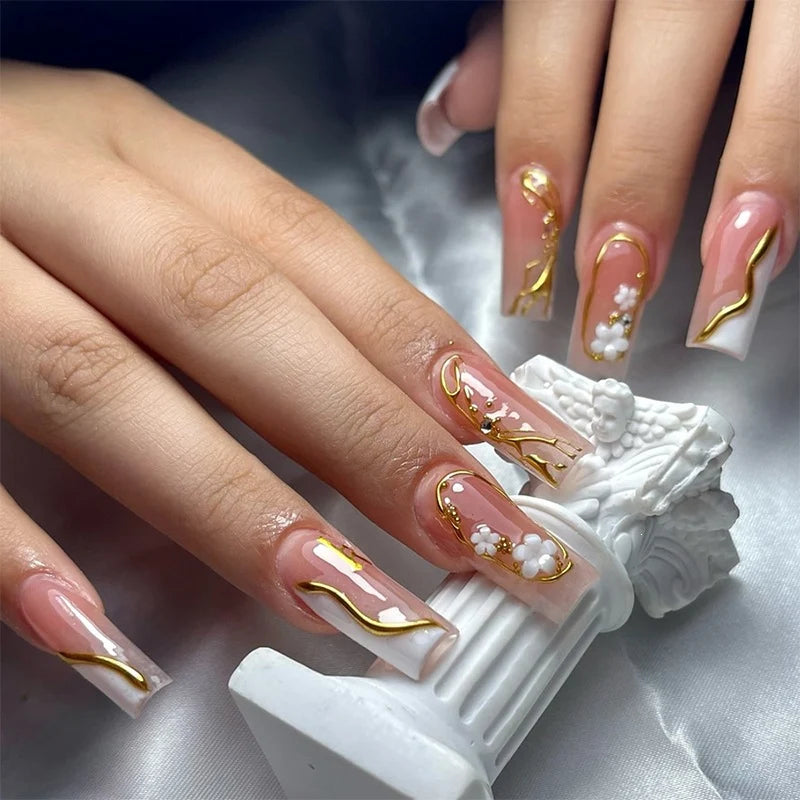 Press-On Nails Floral & Gold Accents Easy Application