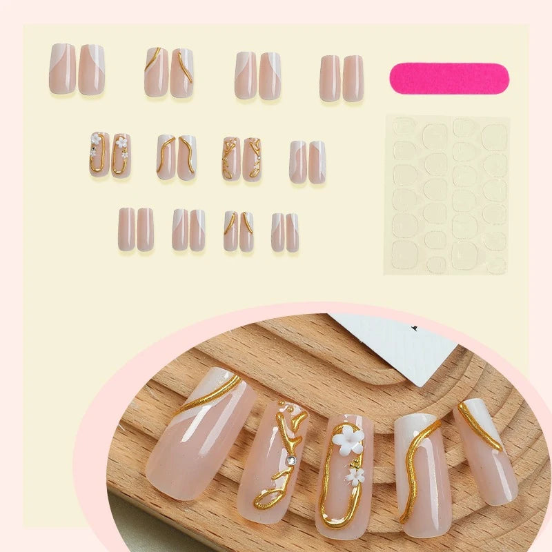Press-On Nails Floral & Gold Accents Easy Application