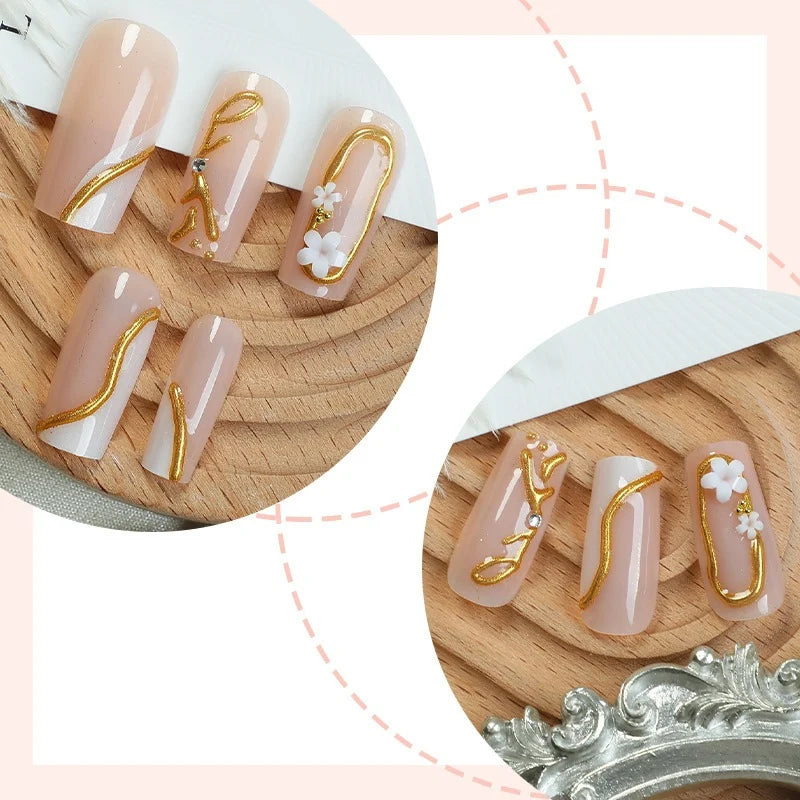 Press-On Nails Floral & Gold Accents Easy Application