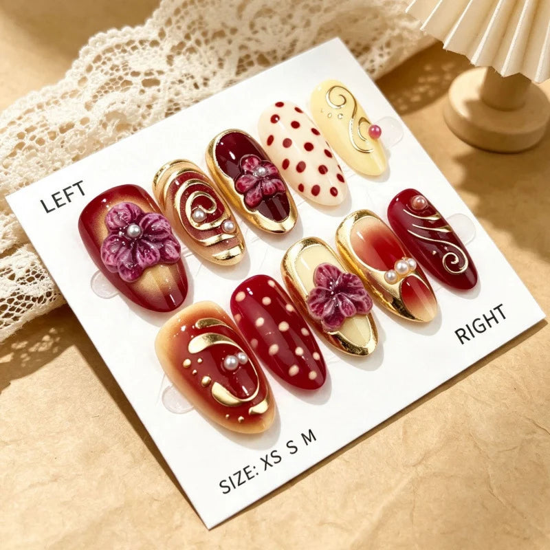 Press-On Nails Floral & Gold Accents Multiple Sizes