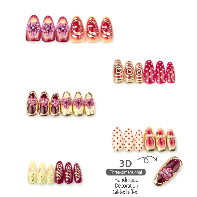 Press-On Nails Floral & Gold Accents Multiple Sizes