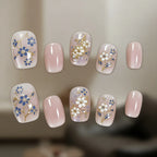 Press-On Nails Floral Gold Accents No-Glue & Reusable