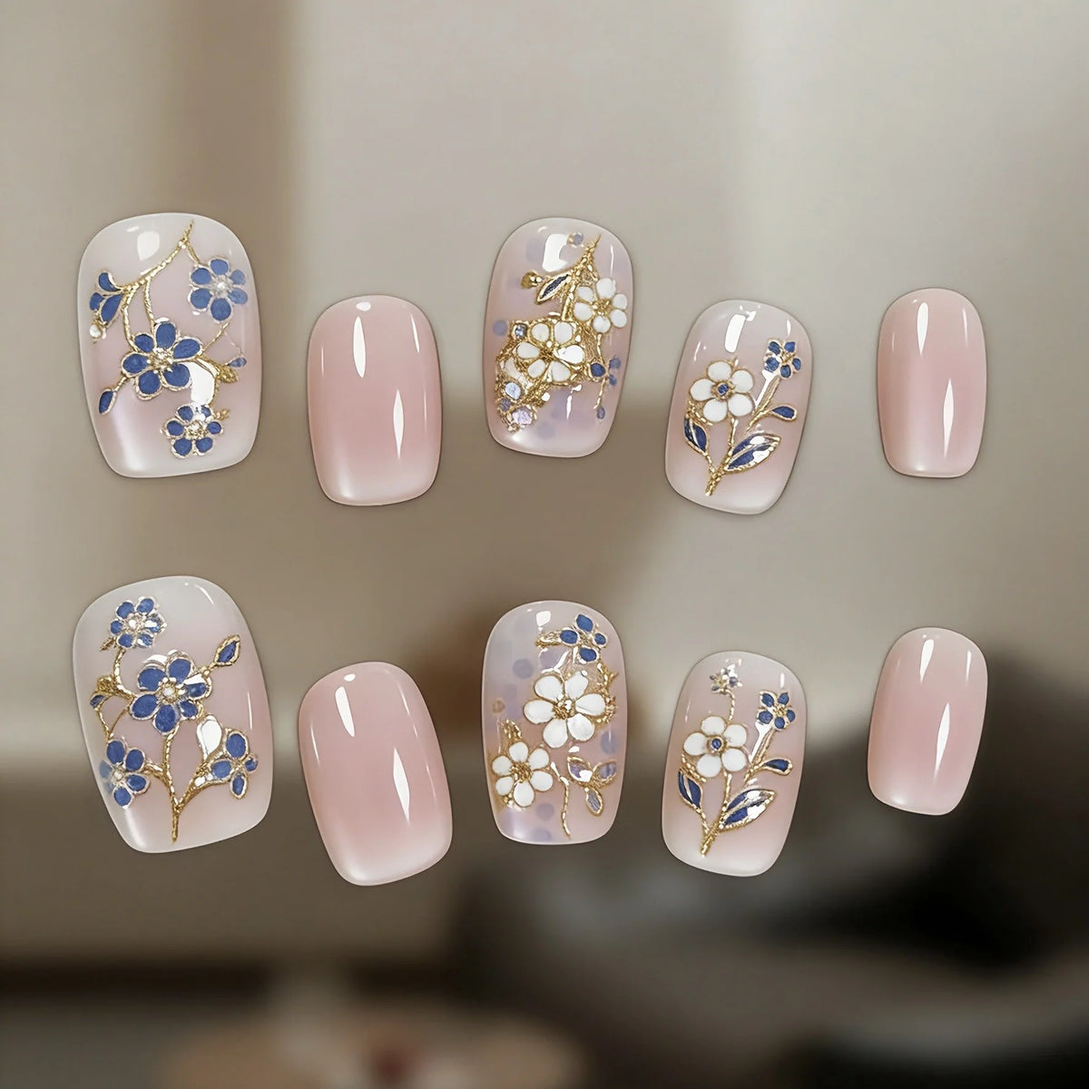 Press-On Nails Floral Gold Accents No-Glue & Reusable